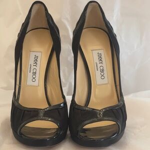 NIB! Jimmy Choo Satin Patent Leather Peep Toe Heels 38.5 MSRP $830